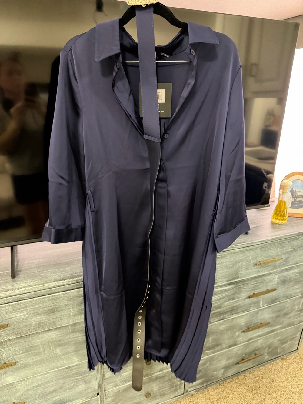 Relaxed Satin Midi Shirt Dress in Navy